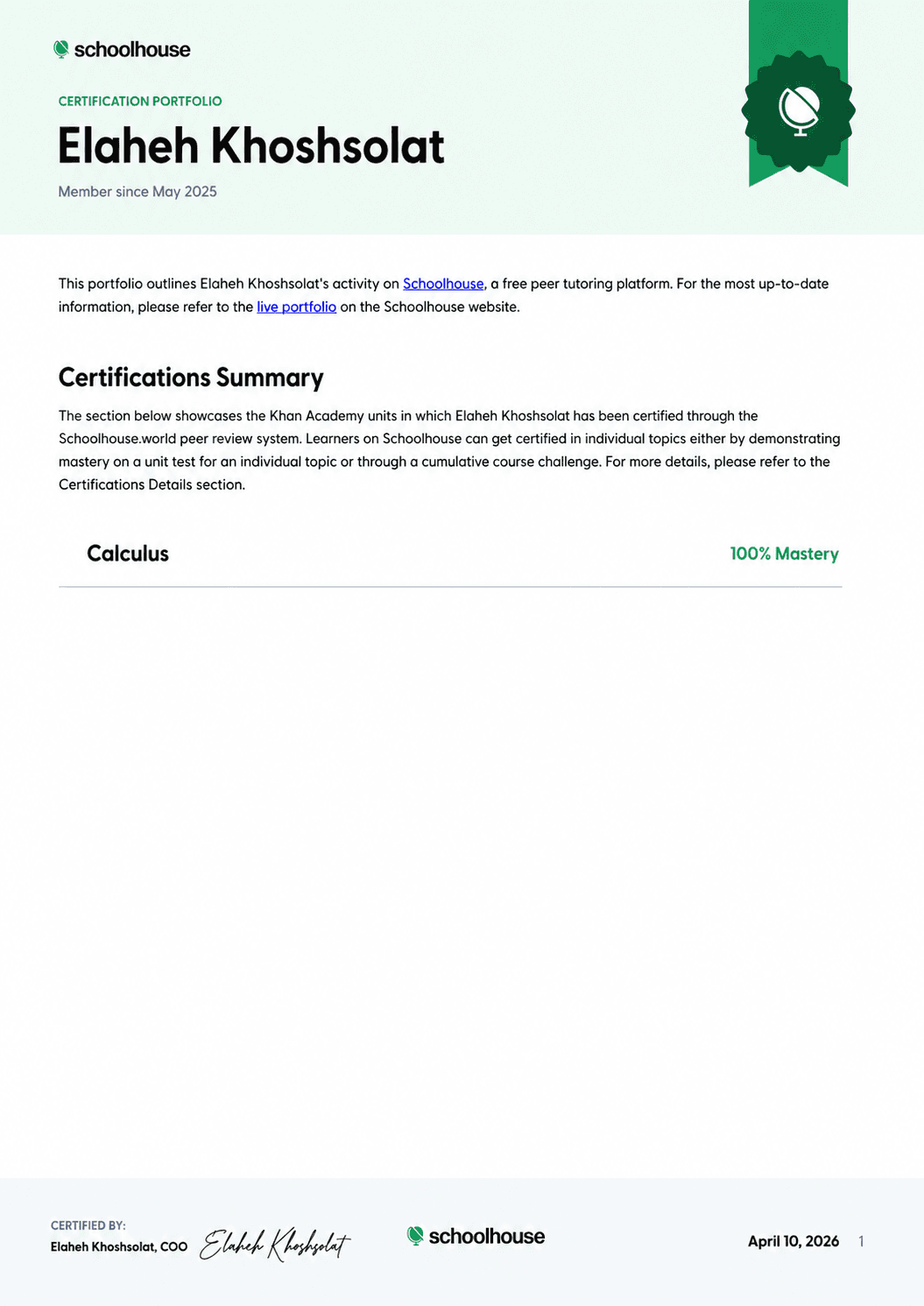 Verified degree or teaching certification of Elaheh