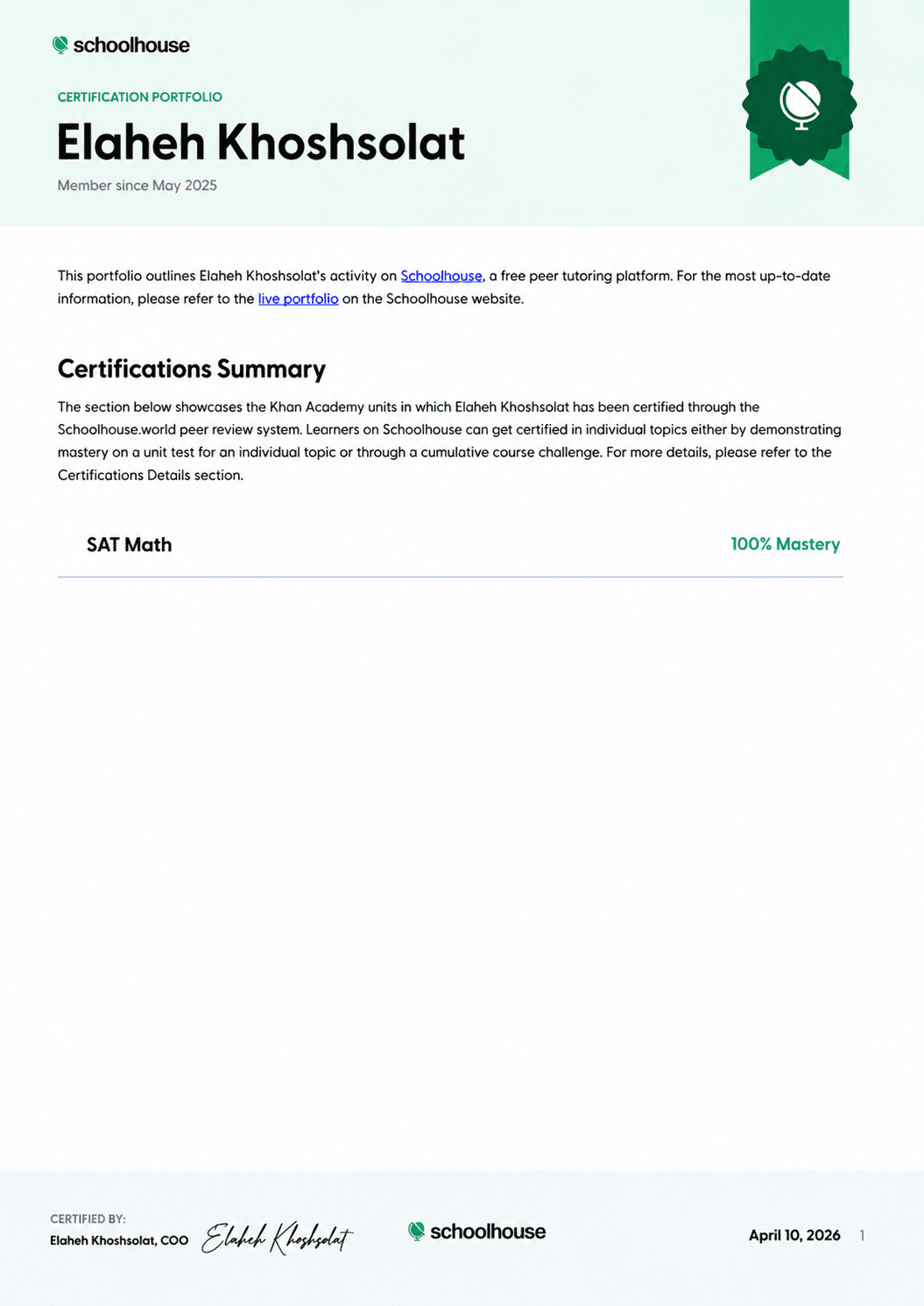 Verified degree or teaching certification of Elaheh