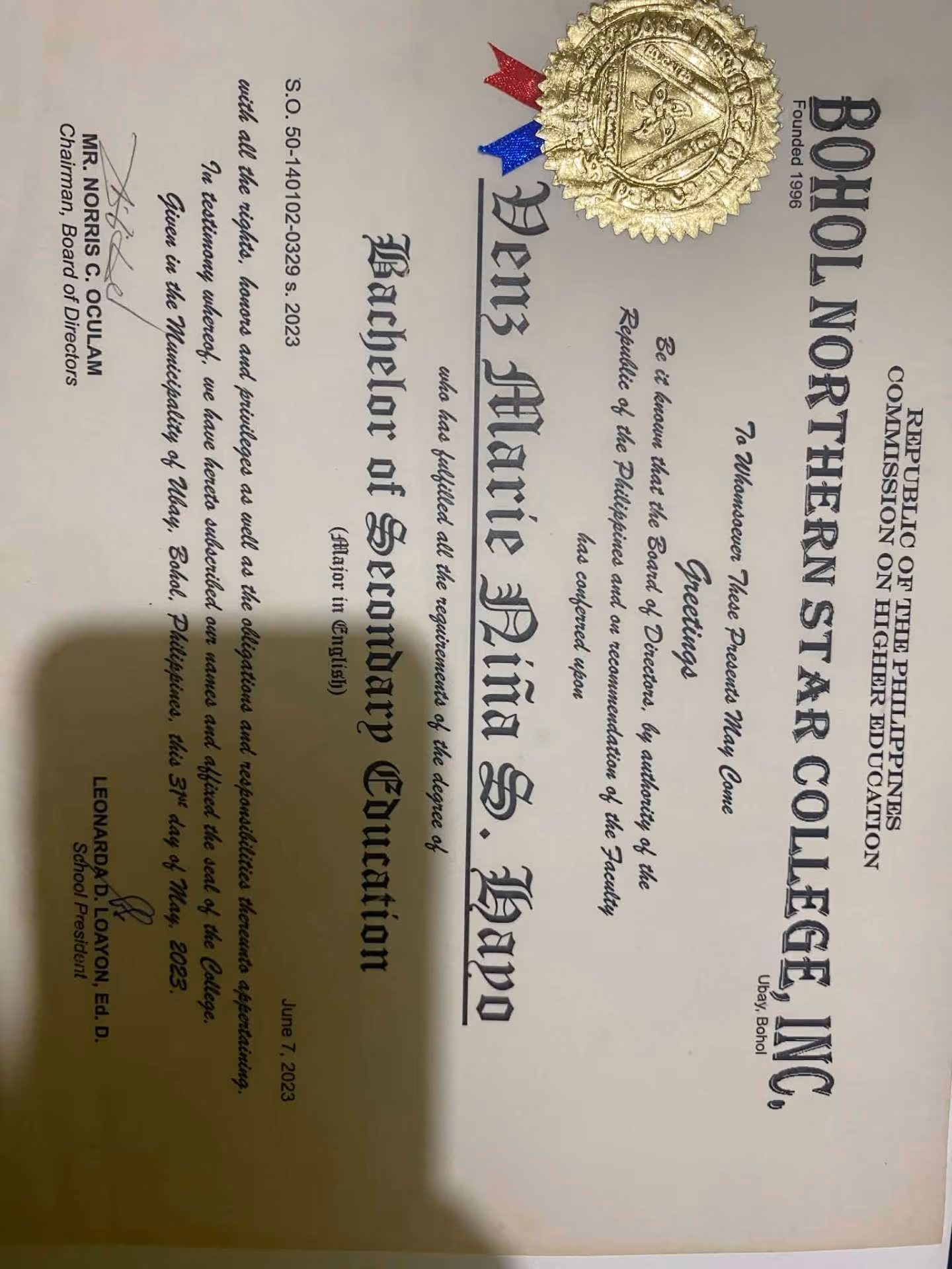 Venz Marie Niña graduated from Bohol Northern Star College