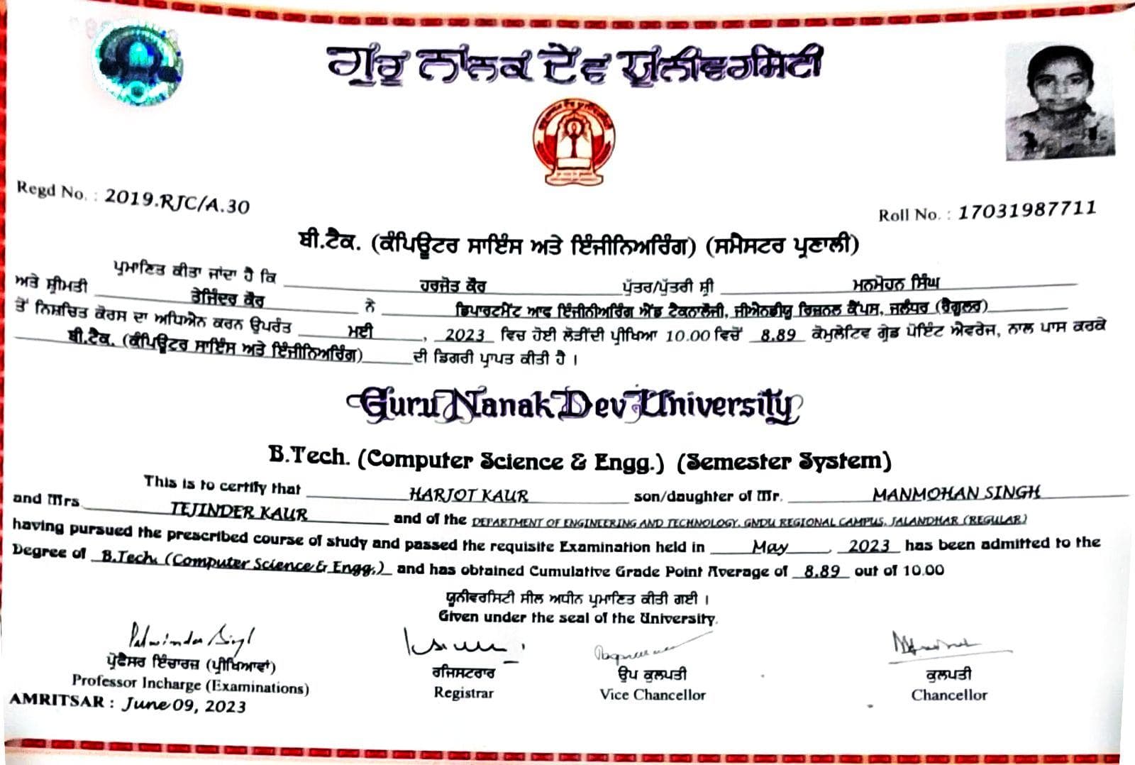 Harjot graduated from guru nanak dev university
