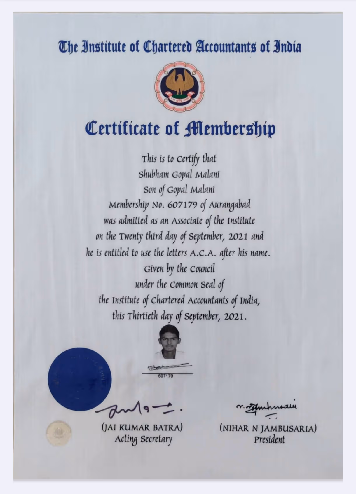 Verified degree or teaching certification of Ca Shubham