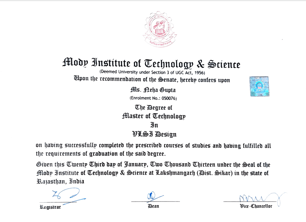 Neha graduated from Mody Institute of Technology and Science