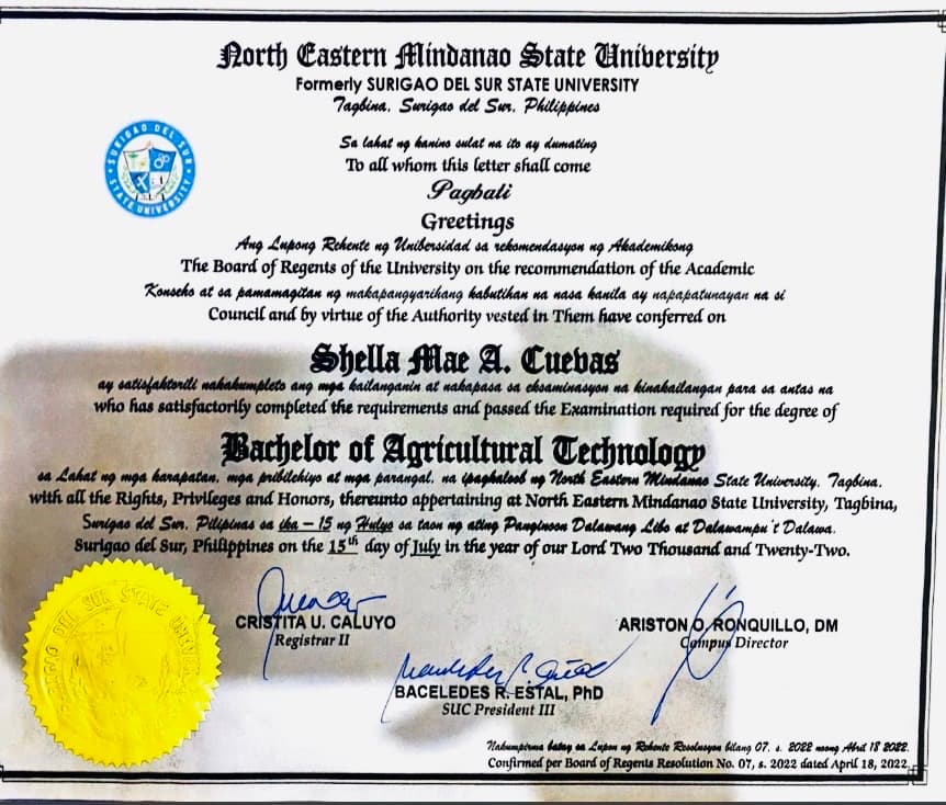 Shella Mae graduated from North Eastern Mindanao State University
