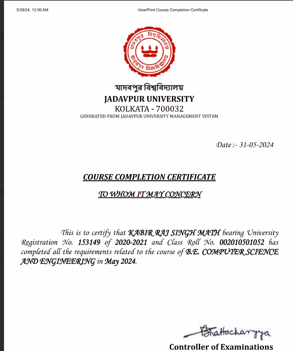 Verified degree or teaching certification of Kabir Raj