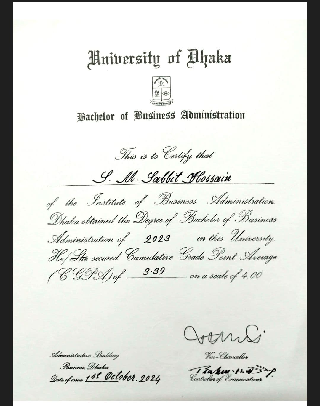 Verified degree or teaching certification of S M Sabbit