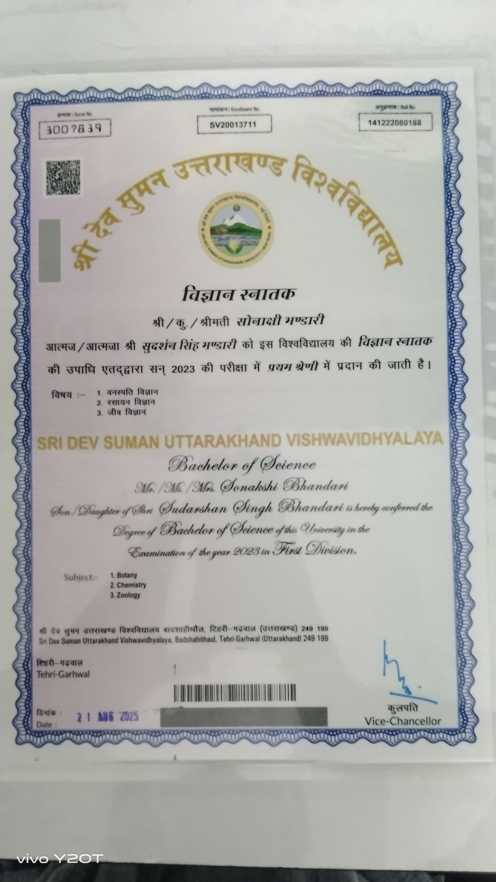 Sonakshi graduated from Sridev Suman University,Tehri Garhwal