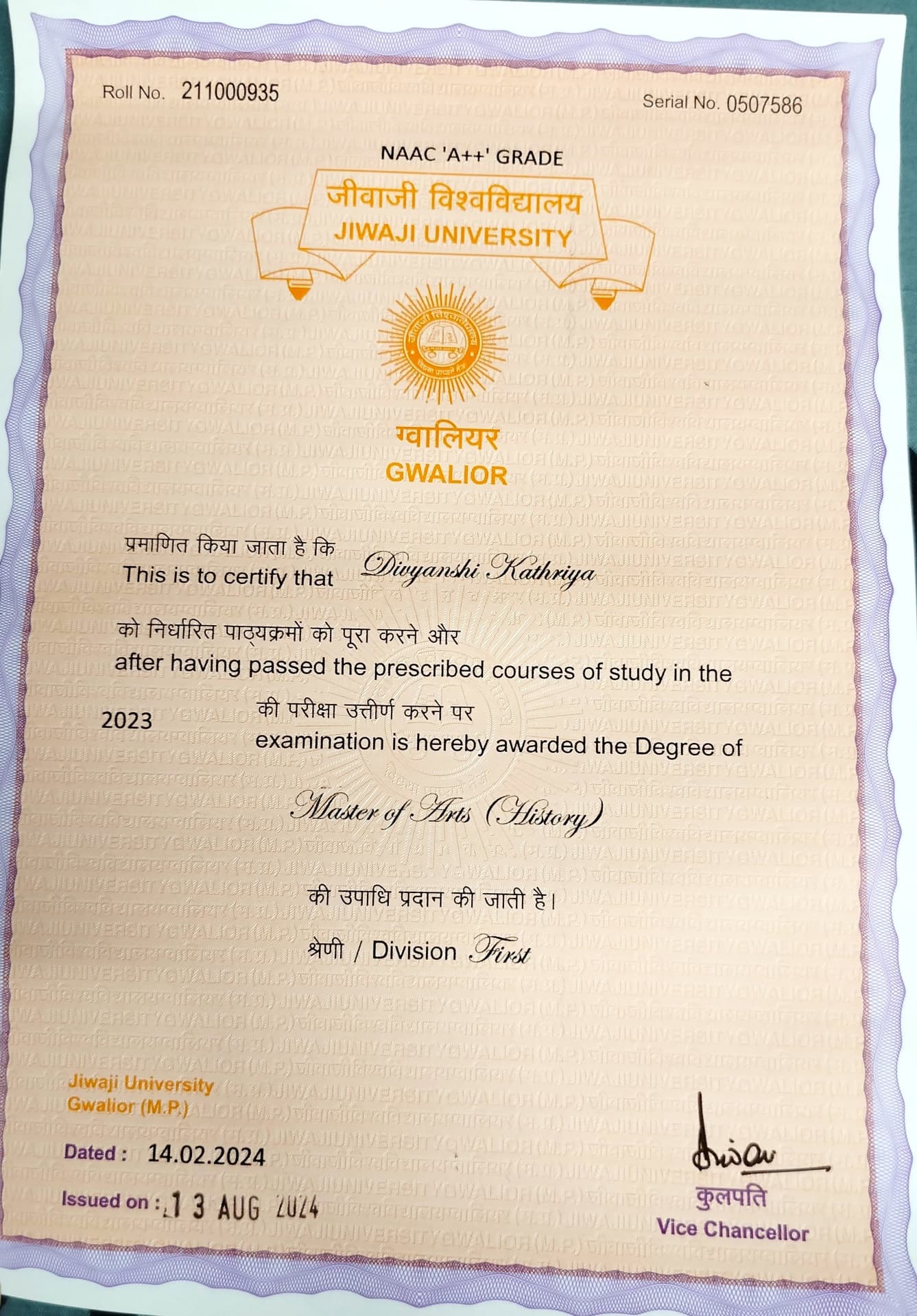 DIVYANSHI graduated from jiwaji university gwalior