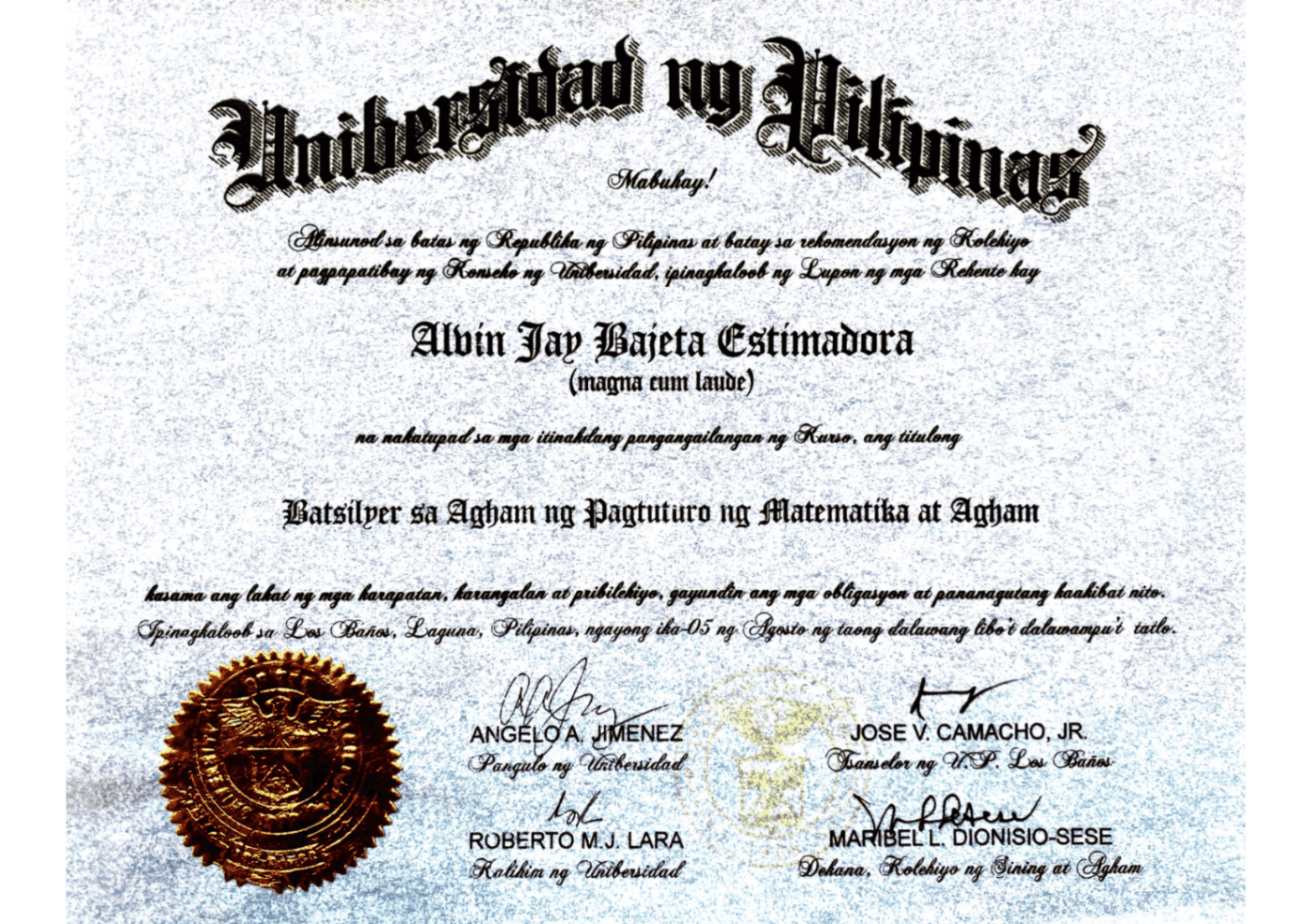 Verified degree or teaching certification of Alvin Jay