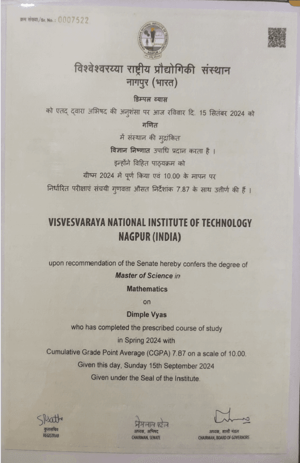Verified degree or teaching certification of Dimple