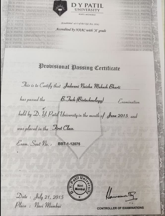 Verified degree or teaching certification of Naisha