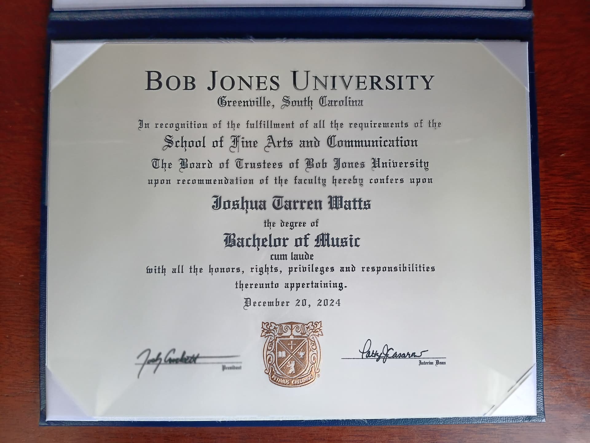 Verified degree or teaching certification of Joshua