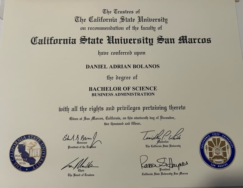 Verified degree or teaching certification of Daniel