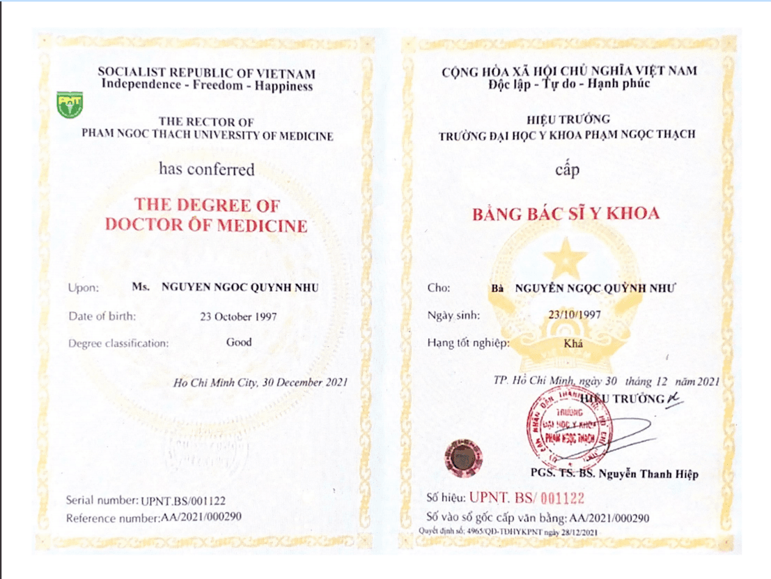 Verified degree or teaching certification of Nhu