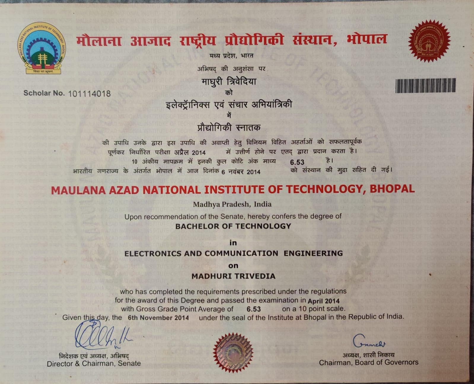 Madhuri graduated from NIT Bhopal