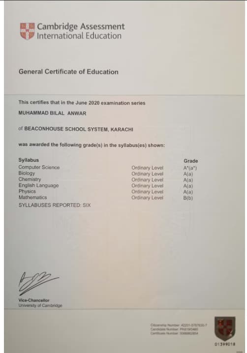 Verified degree or teaching certification of Bilal