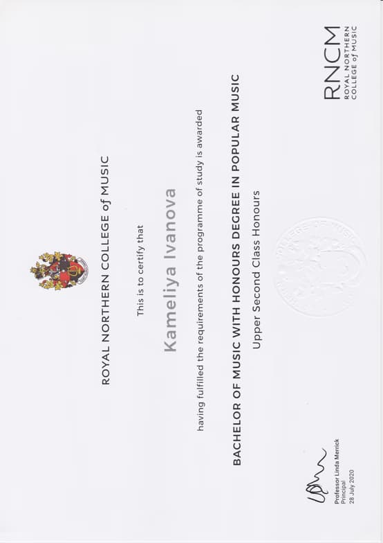 Verified degree or teaching certification of Kameliya