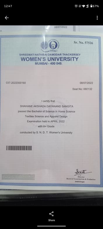 Verified degree or teaching certification of Akshada