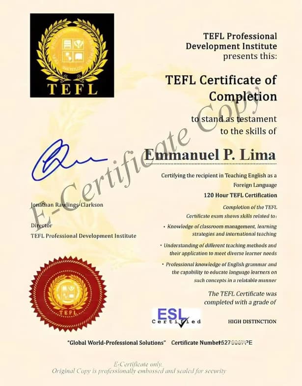Verified degree or teaching certification of Emmanuel