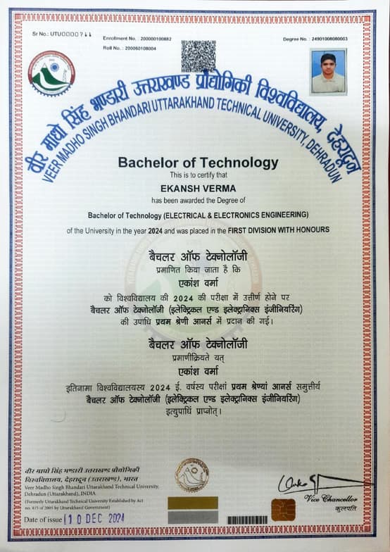 Verified degree or teaching certification of Ekansh