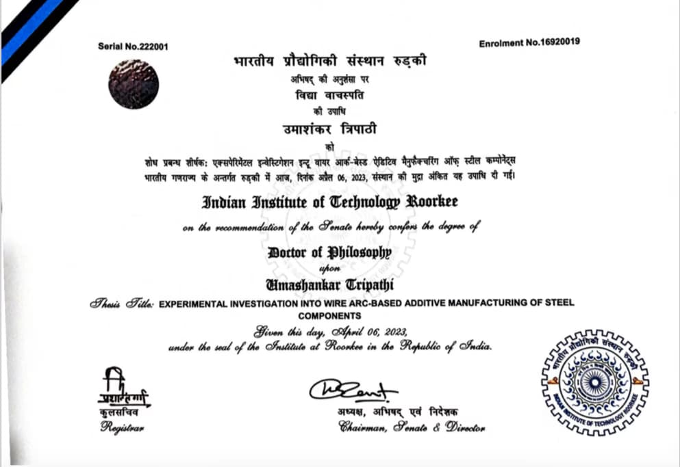 Verified degree or teaching certification of Umashankar