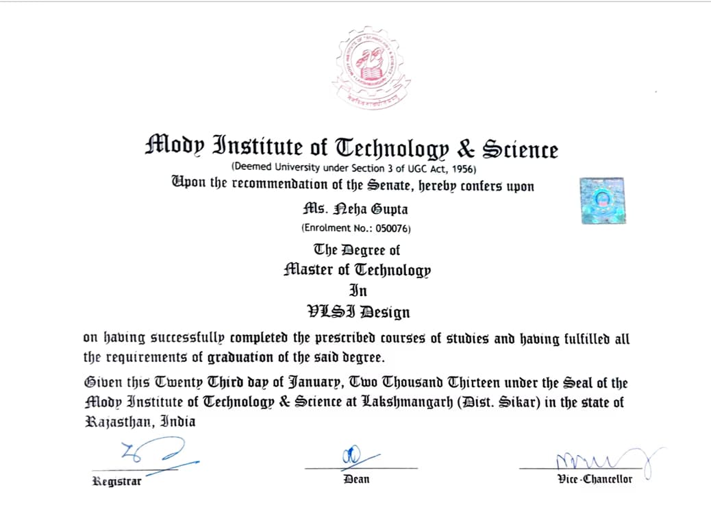 Verified degree or teaching certification of Neha