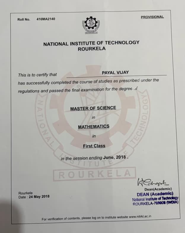 Verified degree or teaching certification of Payal