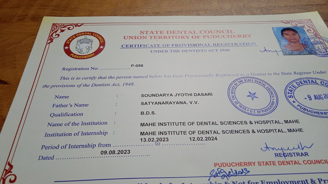 Verified degree or teaching certification of Soundarya