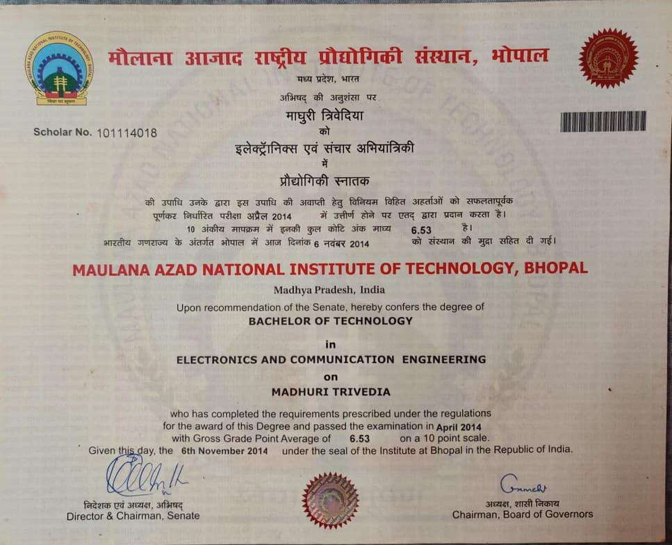 Verified degree or teaching certification of Madhuri