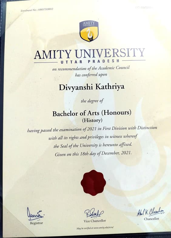 Verified degree or teaching certification of DIVYANSHI