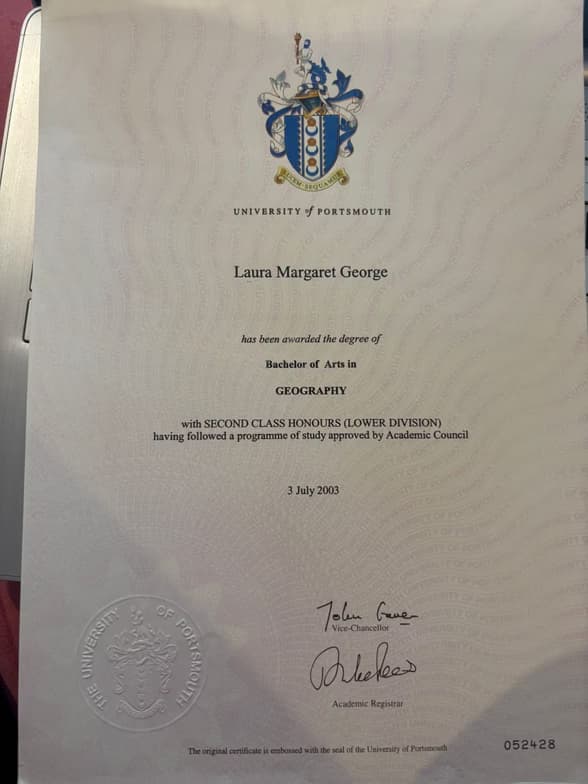 Verified degree or teaching certification of Laura