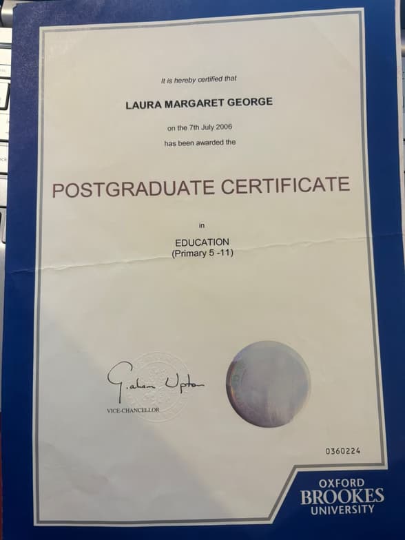 Verified degree or teaching certification of Laura