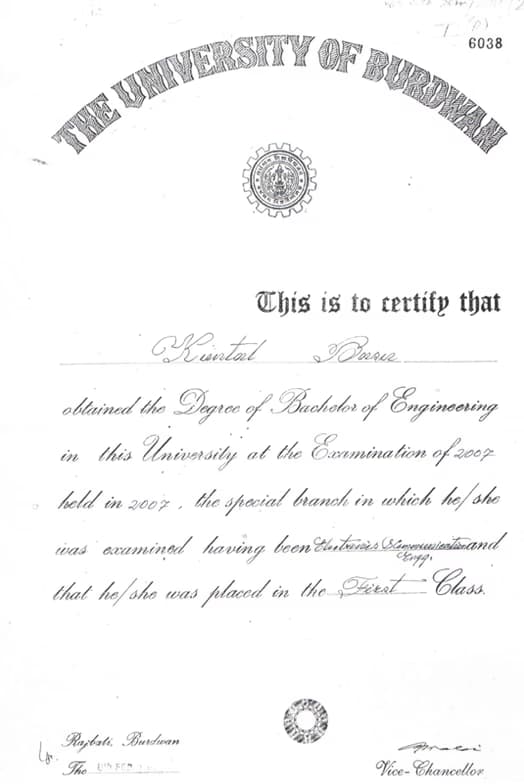 Verified degree or teaching certification of Kuntal