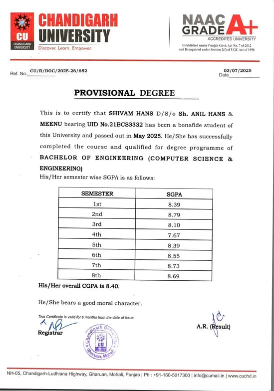 Verified degree or teaching certification of Shivam