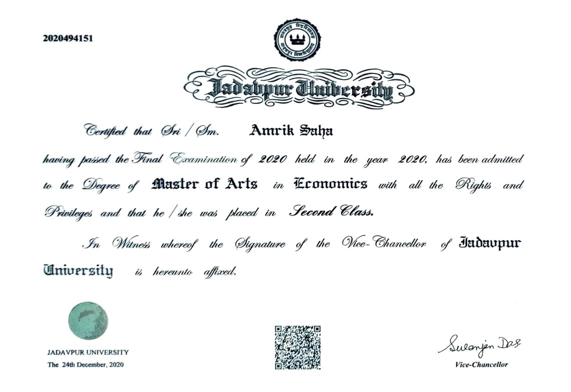 Verified degree or teaching certification of Amrik