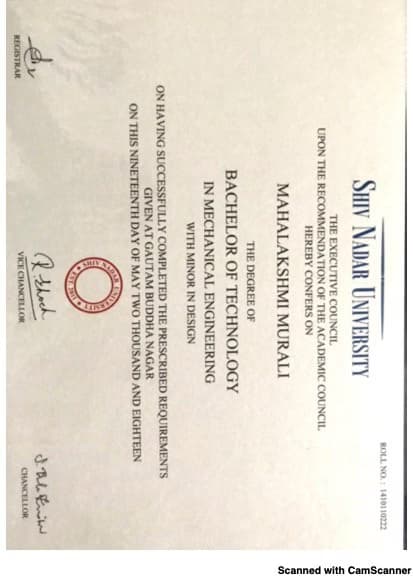 Verified degree or teaching certification of Mahalakshmi