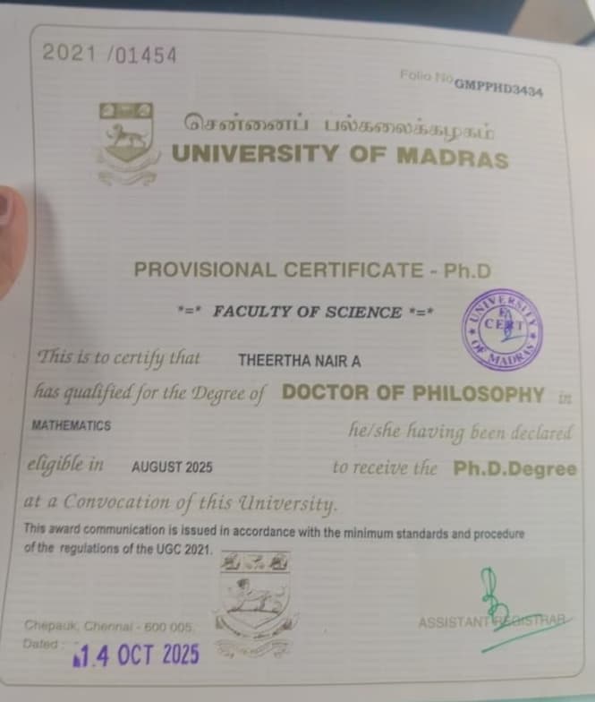Verified degree or teaching certification of Dr. Theertha
