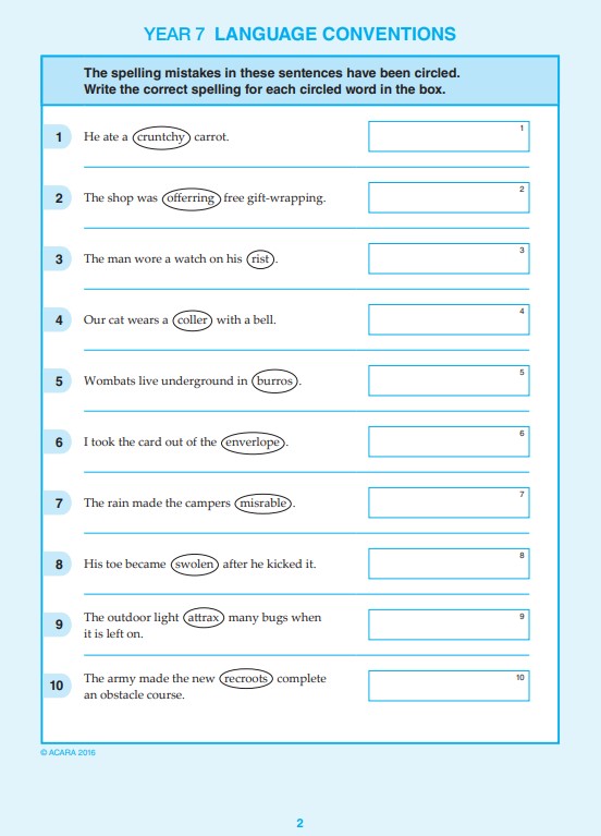 NAPLAN Conventions of Language sample question Year 7