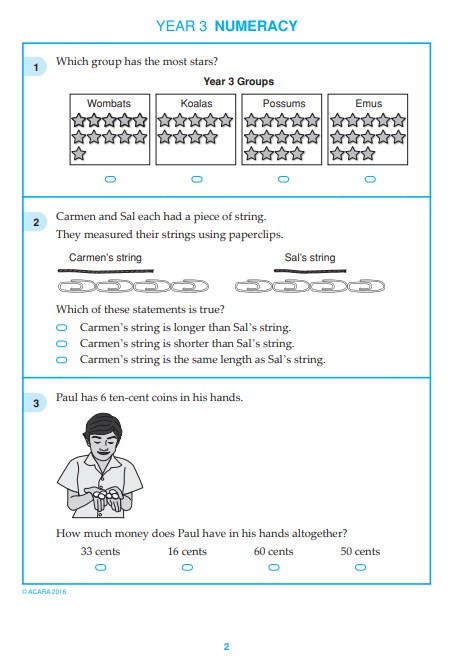 NAPLAN Numeracy Test sample questions for Year 3