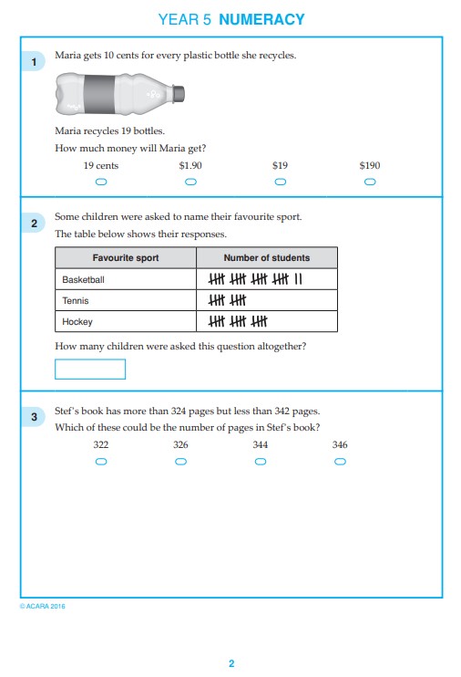NAPLAN Numeracy Test sample questions for Year 5