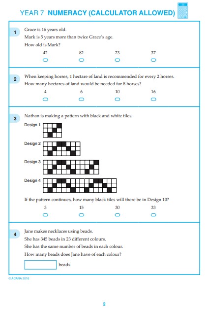NAPLAN Numeracy Test sample questions for Year 7