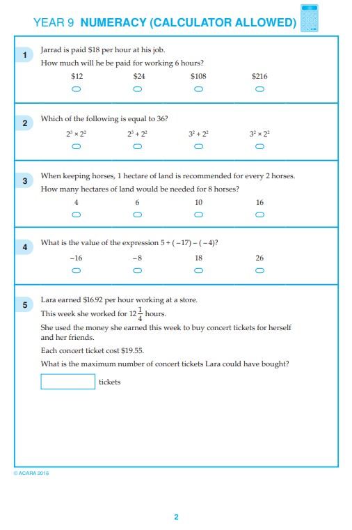 NAPLAN Numeracy Test sample questions for Year 9