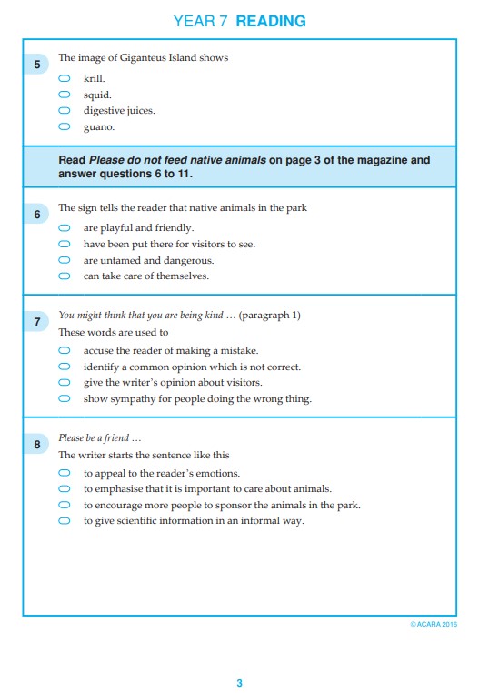 NAPLAN Reading sample question 2016 for Year 7