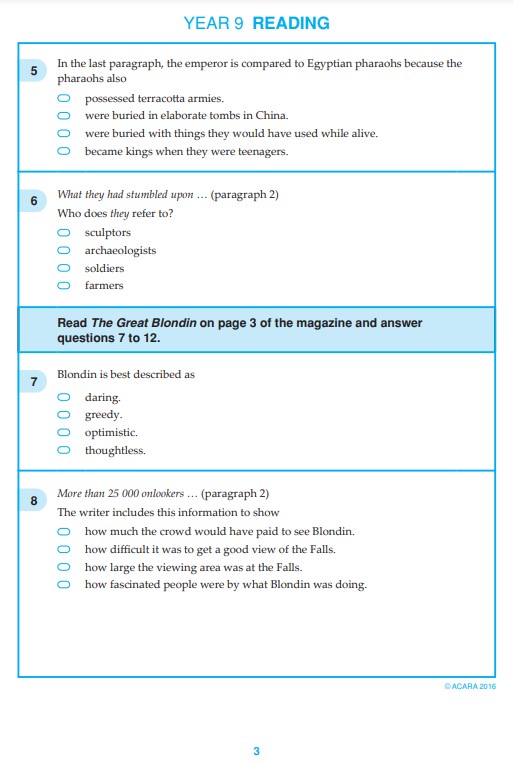 NAPLAN Reading sample question 2016 for Year 9