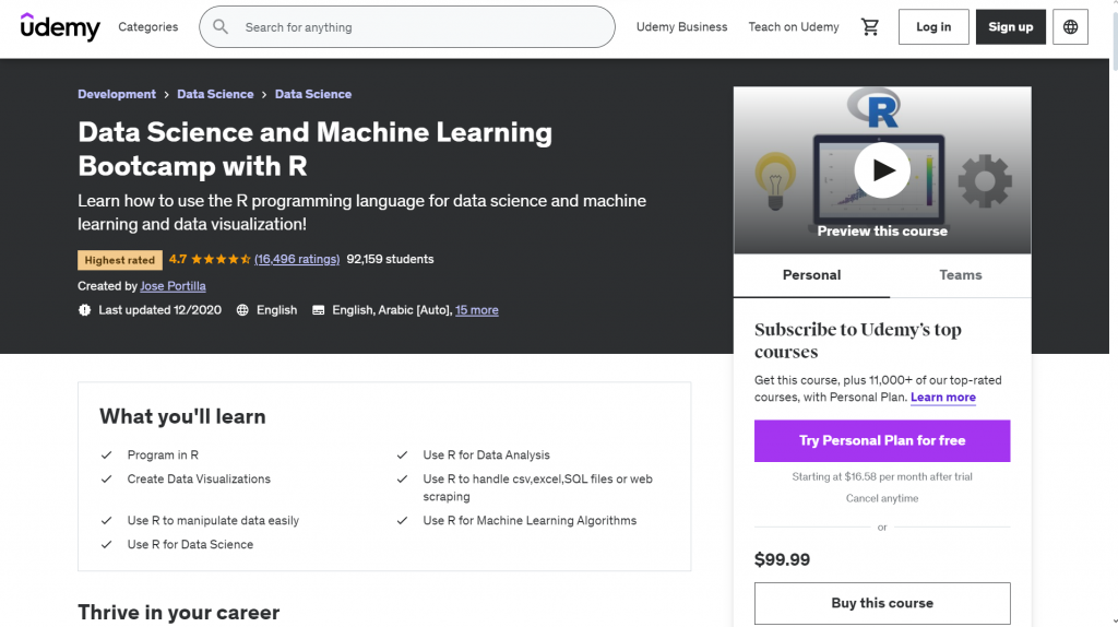 Data Science and Machine Learning Bootcamp with R (Udemy)
