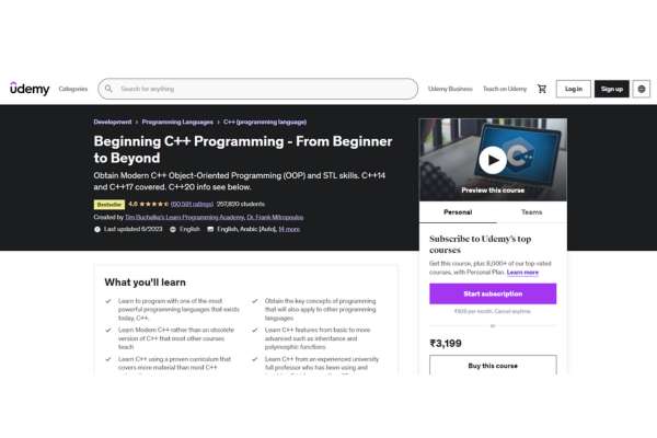 Best C++ Paid Udemy Course: Beginning C++ Programming - From Beginner to Beyond by Tim Buchalka and Frank J. Mitropoulos 