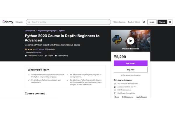 Best Paid Udemy Course: Python 2023 Course in Depth: Beginners to Advanced