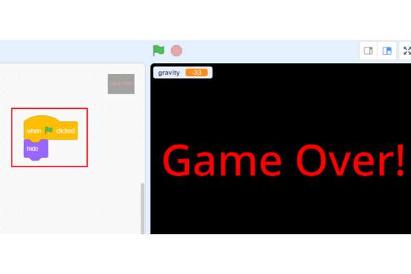 Drag & drop “when green flag clicked” and “hide” blocks